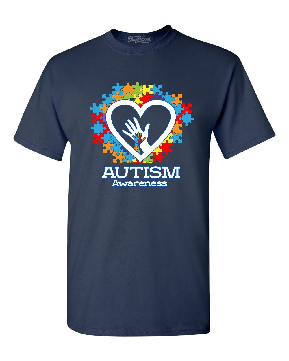 Shop4Ever Men's Autism Awareness Hands Puzzle Heart Graphic T-shirt X-Large Navy