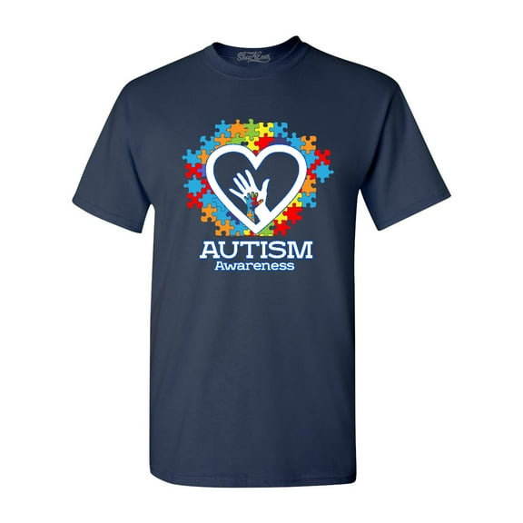 Shop4Ever Men's Autism Awareness Hands Puzzle Heart Graphic T-shirt X-Large Navy