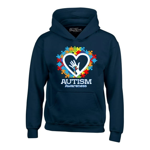 Shop4Ever Men's Autism Awareness Hands Puzzle Heart Hooded Sweatshirt Hoodie X-Large Navy