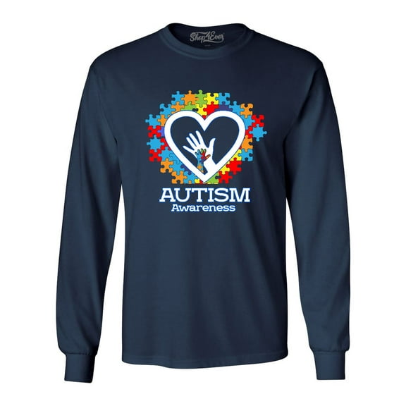 Shop4Ever Men's Autism Awareness Hands Puzzle Heart Long Sleeve Shirt Medium Navy