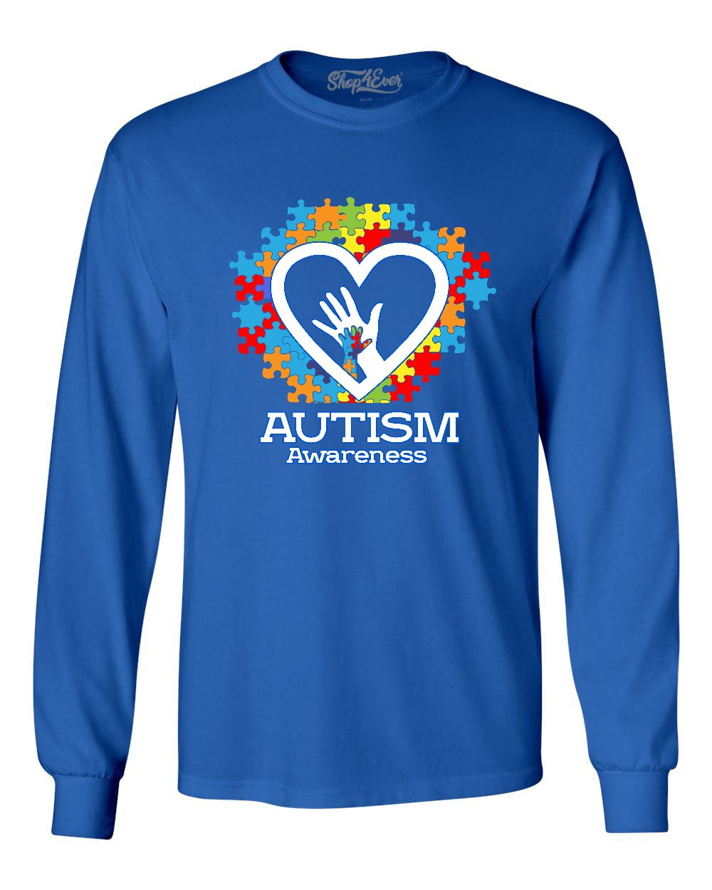 Shop4Ever Men's Autism Awareness Hands Puzzle Heart Long Sleeve Shirt Medium Royal Blue