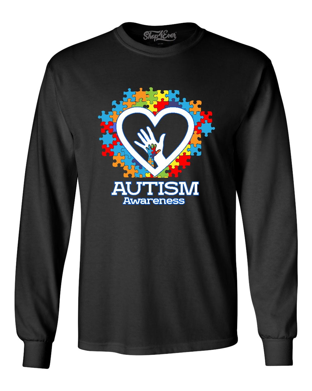 Shop4Ever Men's Autism Awareness Hands Puzzle Heart Long Sleeve Shirt Small Black