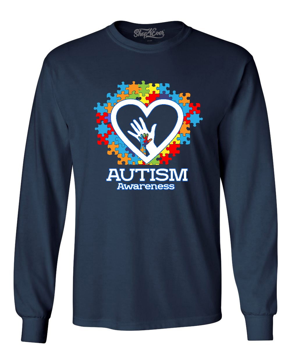 Shop4Ever Men's Autism Awareness Hands Puzzle Heart Long Sleeve Shirt X-Large Navy