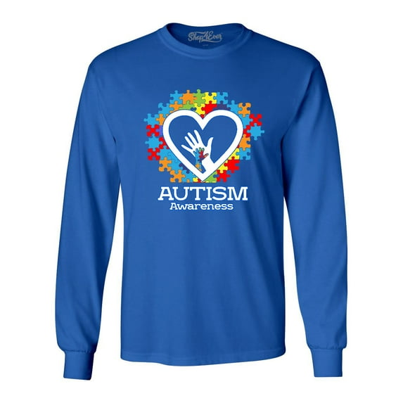 Shop4Ever Men's Autism Awareness Hands Puzzle Heart Long Sleeve Shirt XX-Large Royal Blue