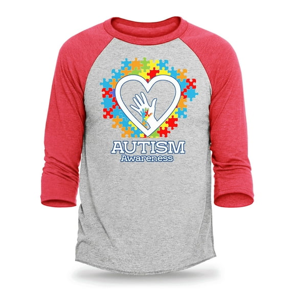 Shop4Ever Men's Autism Awareness Hands Puzzle Heart Raglan Baseball Shirt Large Heather Grey/Red
