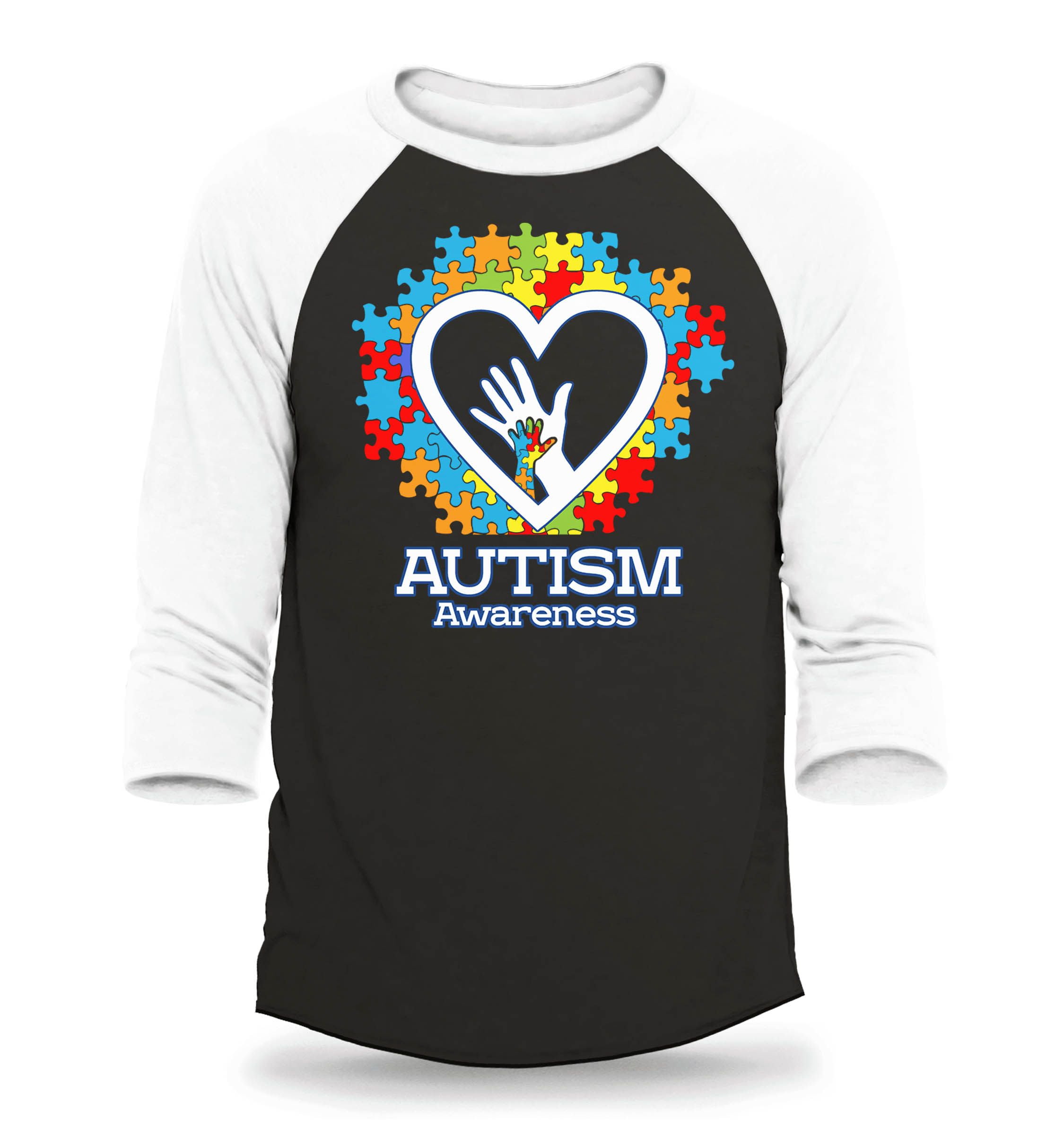 Shop4Ever Men's Autism Awareness Hands Puzzle Heart Raglan Baseball Shirt Small Black/White
