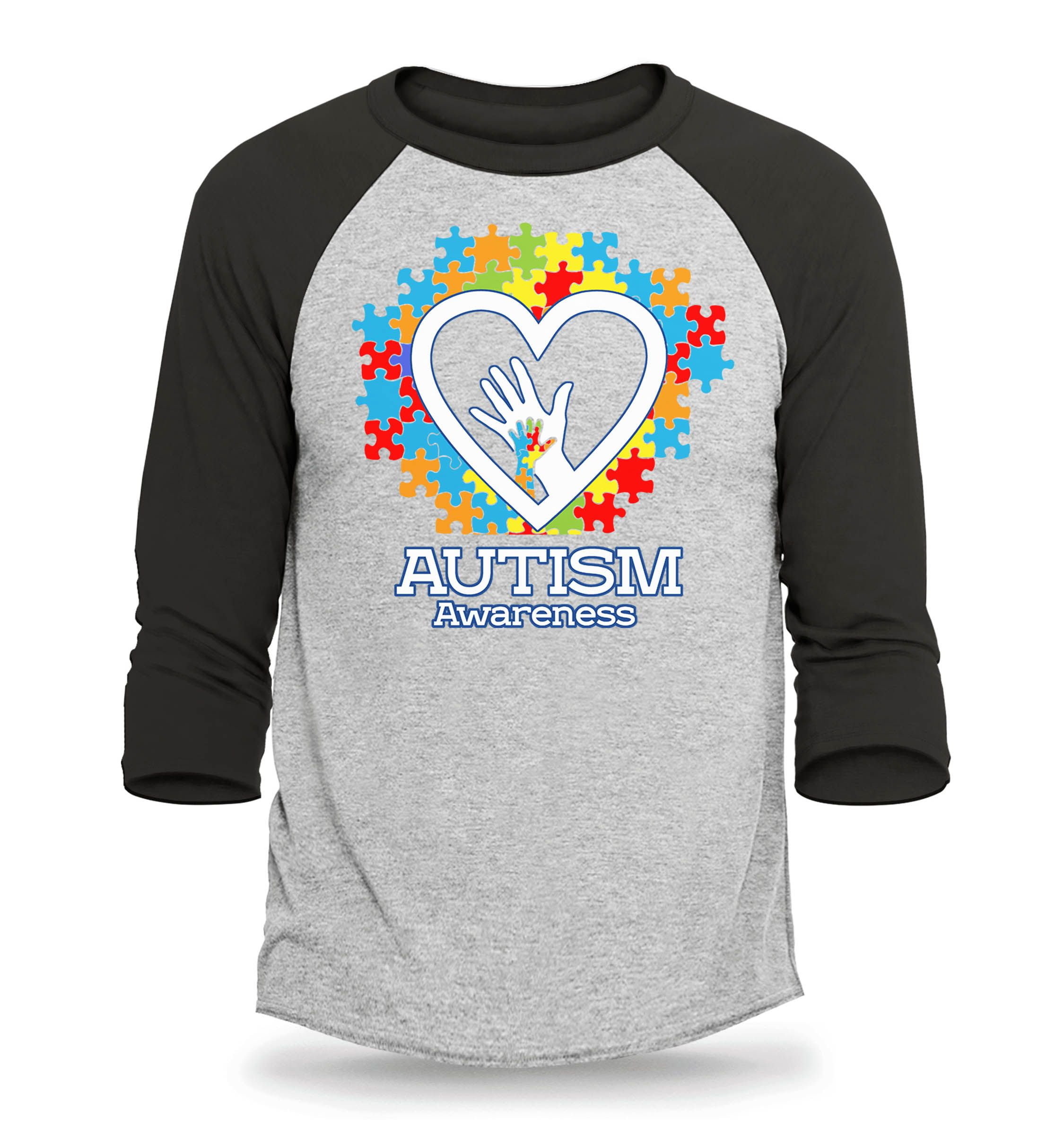 Shop4Ever Men's Autism Awareness Hands Puzzle Heart Raglan Baseball Shirt Small Heather Grey/Black