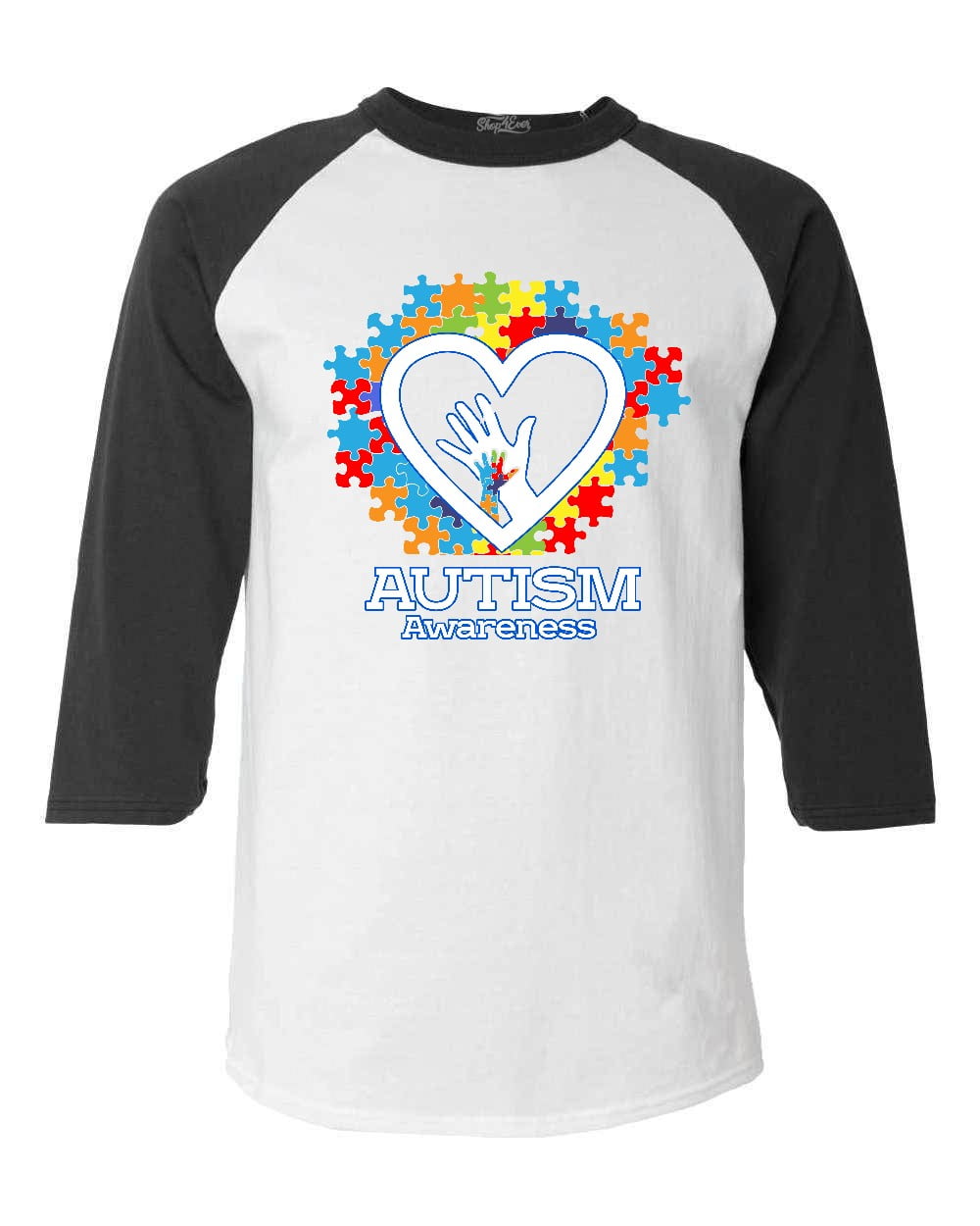 Shop4Ever Men's Autism Awareness Hands Puzzle Heart Raglan Baseball Shirt Small White/Black