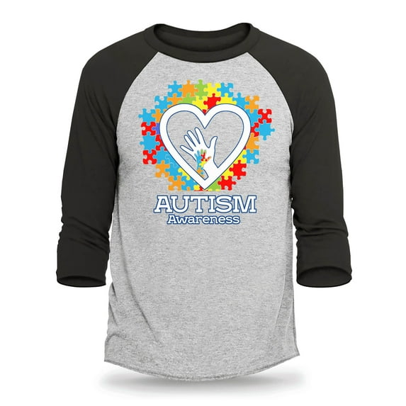 Shop4Ever Men's Autism Awareness Hands Puzzle Heart Raglan Baseball Shirt XX-Large Heather Grey/Black