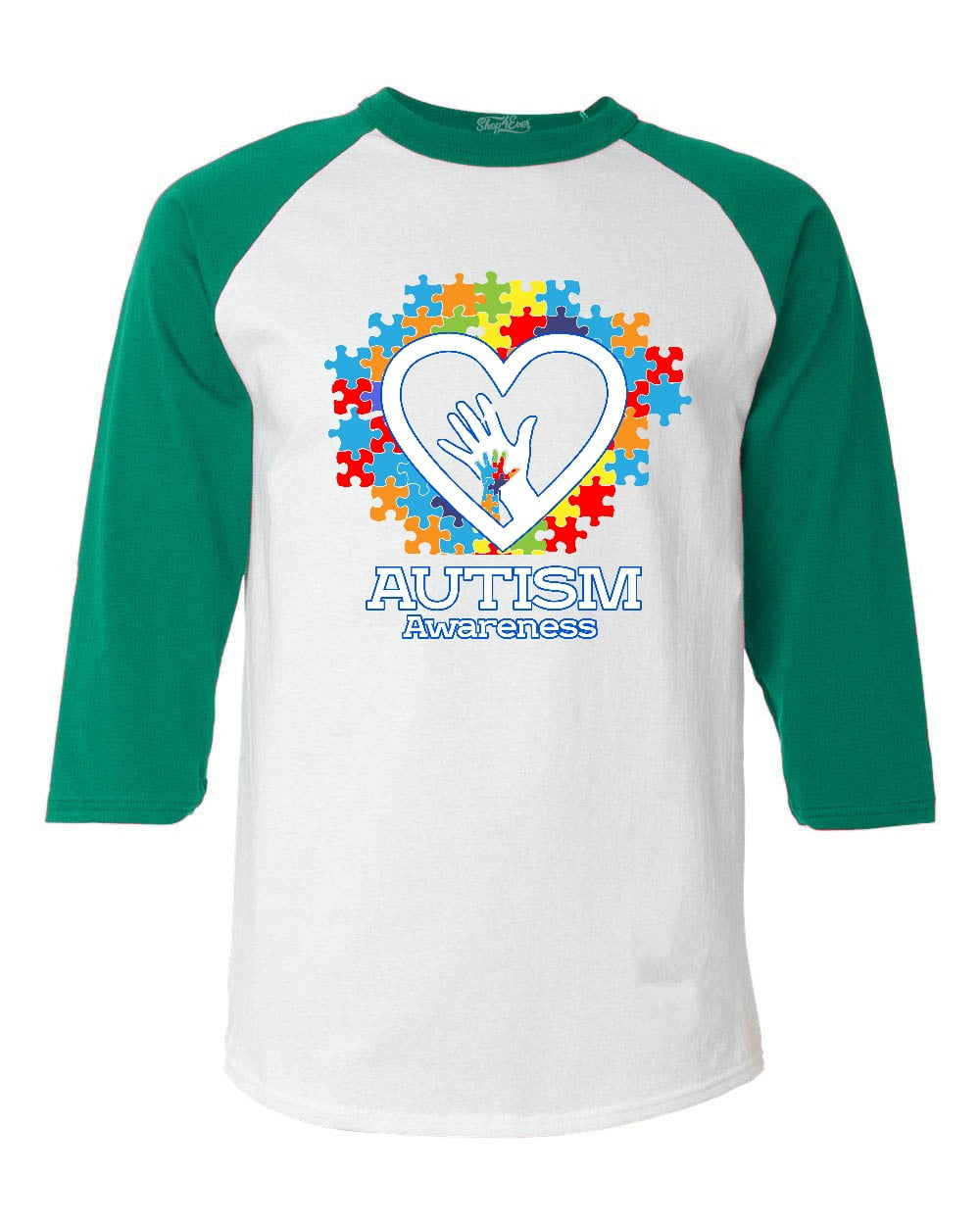 Shop4Ever Men's Autism Awareness Hands Puzzle Heart Raglan Baseball Shirt XX-LargeWhite/Kelly