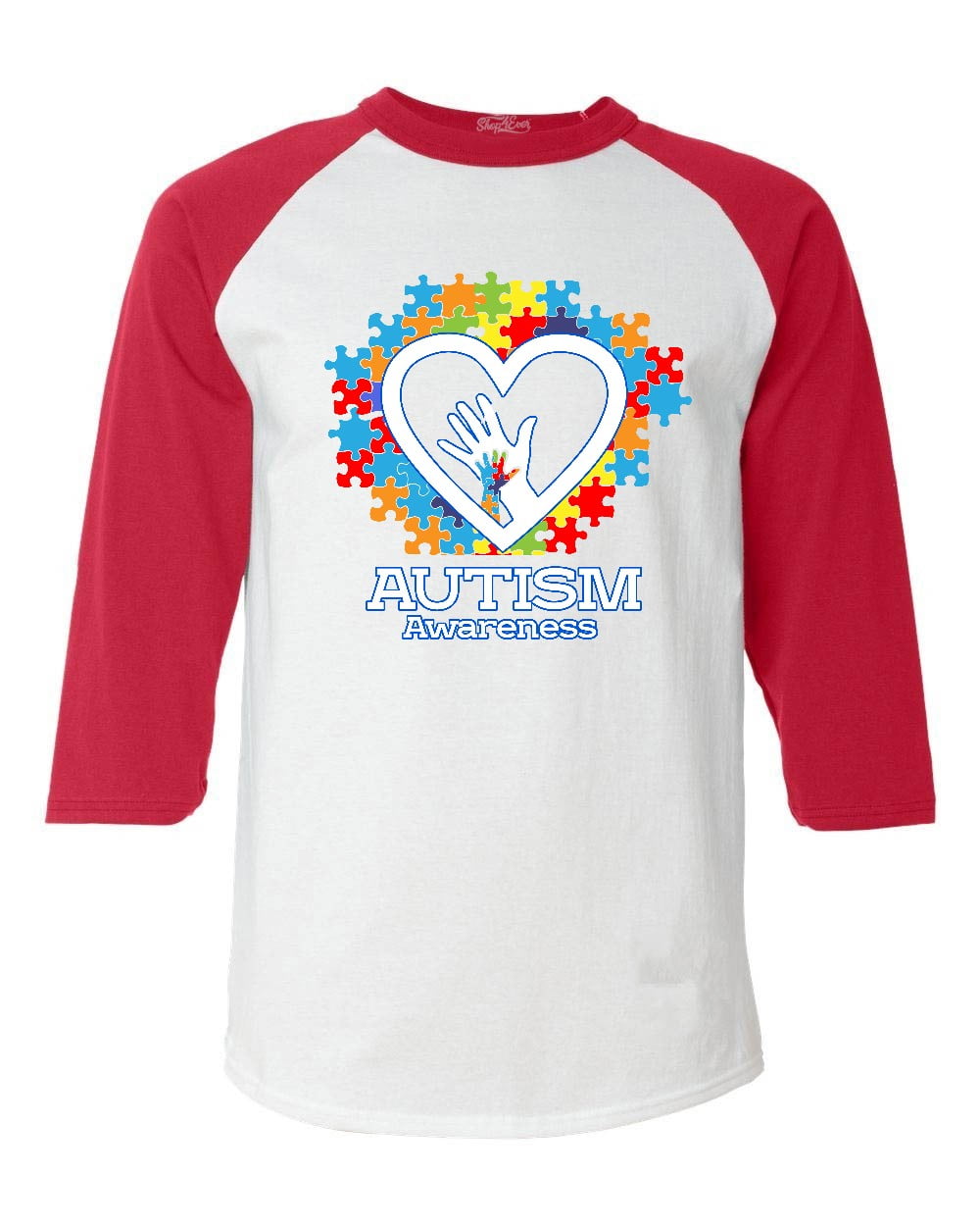 Shop4Ever Men's Autism Awareness Hands Puzzle Heart Raglan Baseball Shirt XXX-LargeWhite/Red