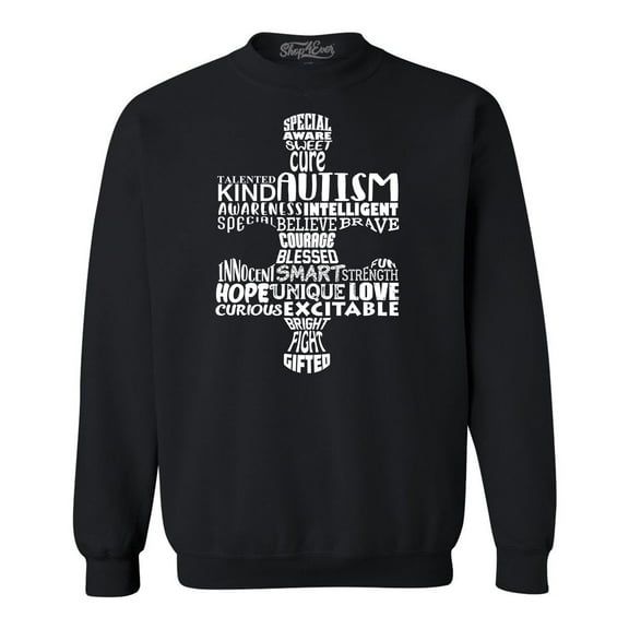 Shop4Ever Men's Autism Awareness Puzzle Piece Word Cloud Crewneck Sweatshirt Large Black