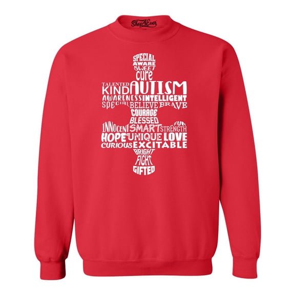 Shop4Ever Men's Autism Awareness Puzzle Piece Word Cloud Crewneck Sweatshirt Large Red