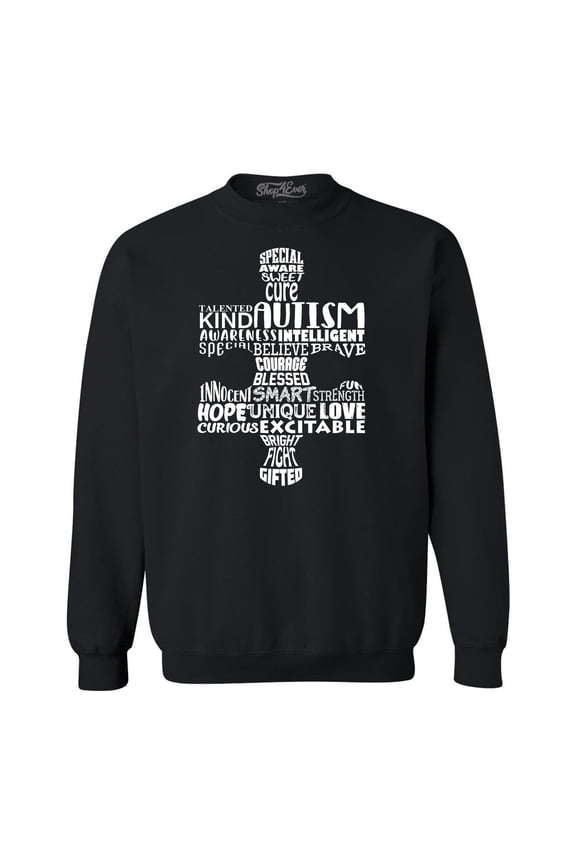 Men's Autism Awareness Puzzle Piece Word Cloud Crewneck Sweatshirt Medium Black