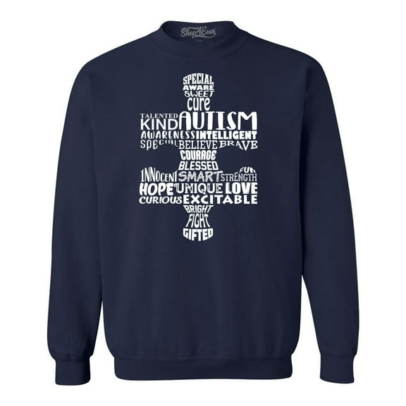 Shop4Ever Men's Autism Awareness Puzzle Piece Word Cloud Crewneck Sweatshirt Small Navy