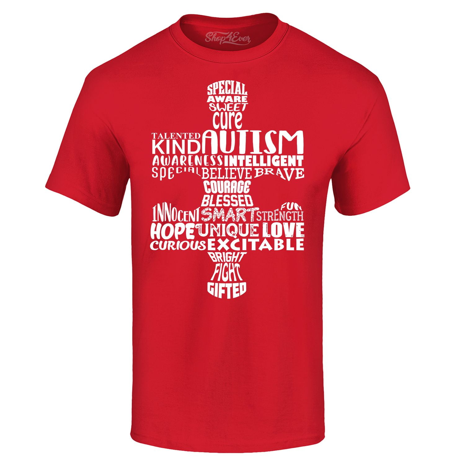 Shop4Ever Men's Autism Awareness Puzzle Piece Word Cloud Graphic T-shirt X-Large Red