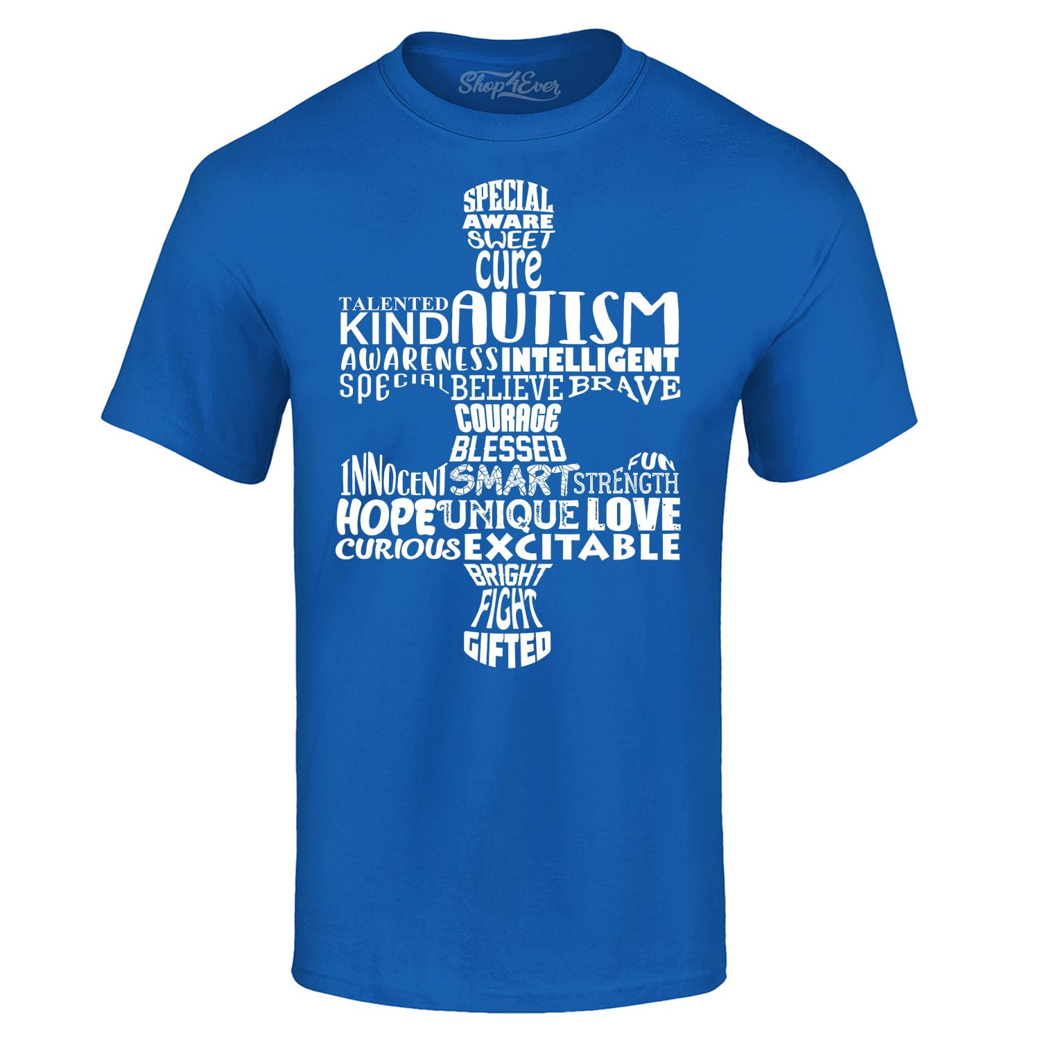 Shop4Ever Men's Autism Awareness Puzzle Piece Word Cloud Graphic T-shirt XXXX-Large Royal Blue
