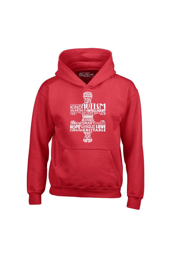 Men's Autism Awareness Puzzle Piece Word Cloud Hooded Sweatshirt Hoodie Medium Red