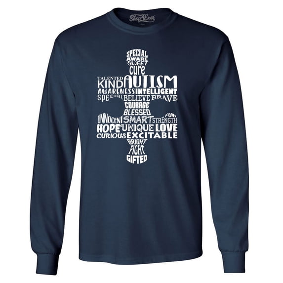 Shop4Ever Men's Autism Awareness Puzzle Piece Word Cloud Long Sleeve Shirt Large Navy