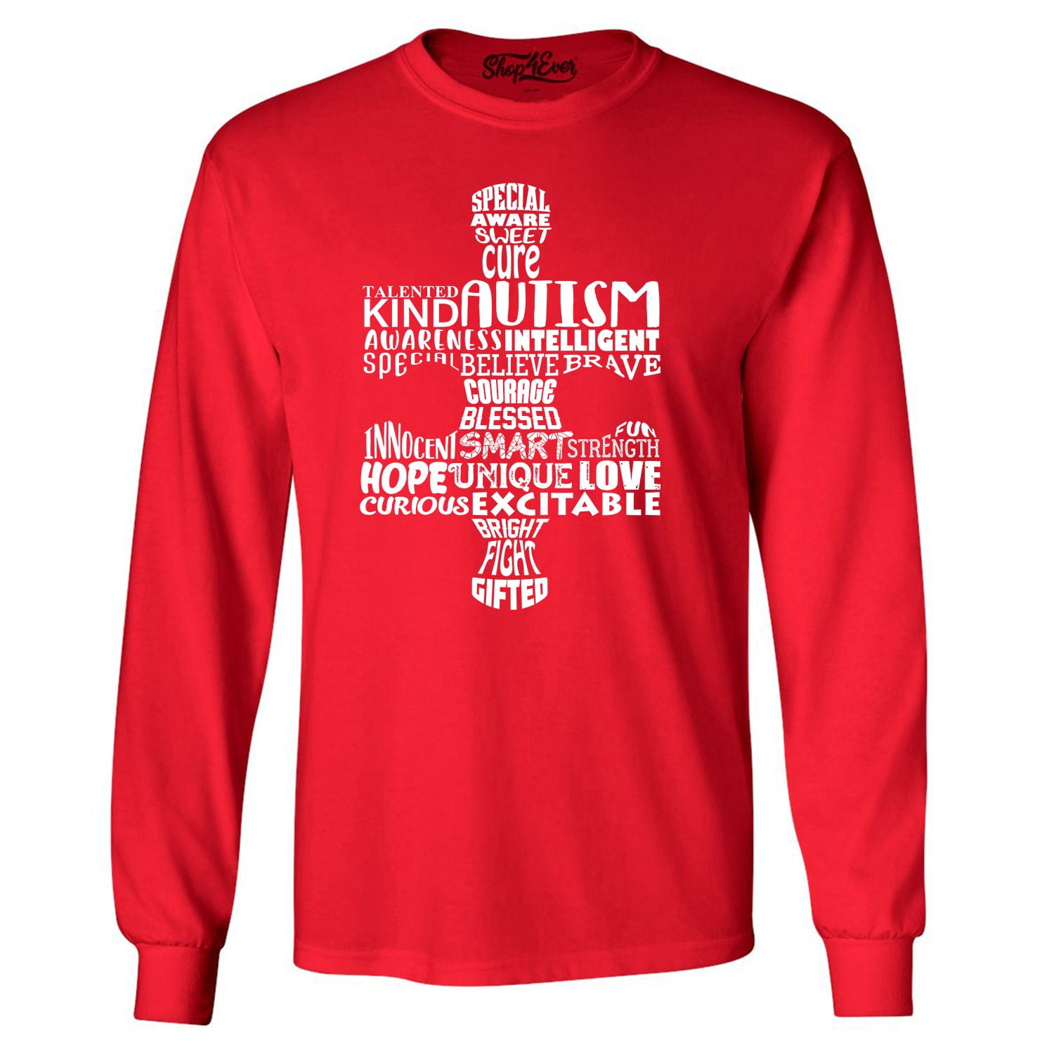 Shop4Ever Men's Autism Awareness Puzzle Piece Word Cloud Long Sleeve Shirt Medium Red