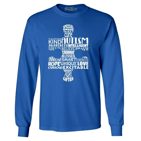 Shop4Ever Men's Autism Awareness Puzzle Piece Word Cloud Long Sleeve Shirt X-Large Royal Blue