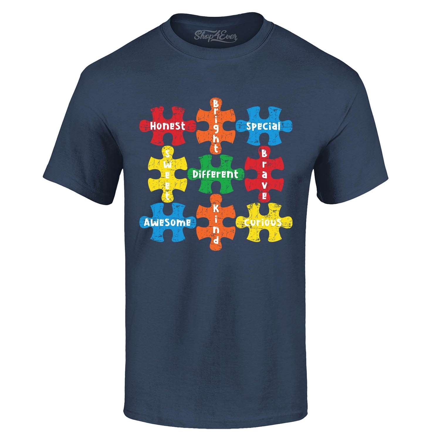 Shop4Ever Men's Autism Awareness Puzzle Pieces with Words Graphic T-shirt X-Large Navy