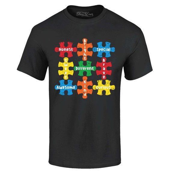 Shop4Ever Men's Autism Awareness Puzzle Pieces with Words Graphic T-shirt XXXX-Large Black