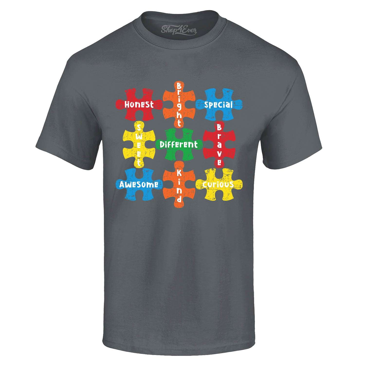 Shop4Ever Men's Autism Awareness Puzzle Pieces with Words Graphic T-shirt XXXXX-Large Charcoal
