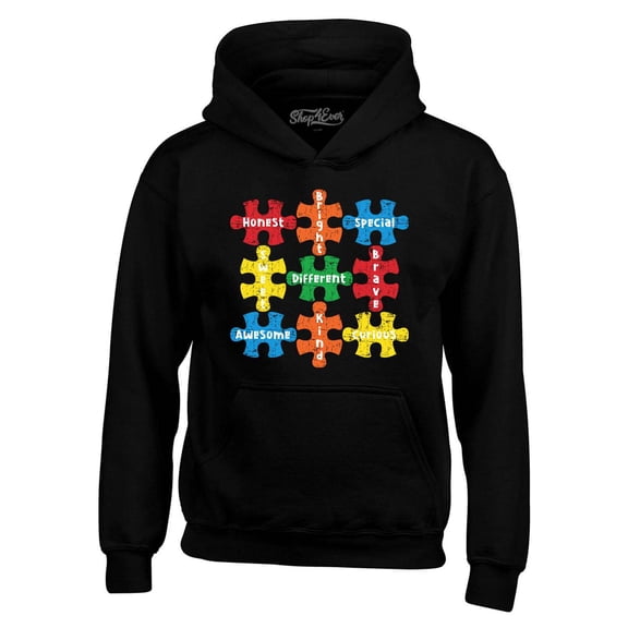 Shop4Ever Men's Autism Awareness Puzzle Pieces with Words Hooded Sweatshirt Hoodie Medium Black