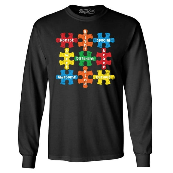 Shop4Ever Men's Autism Awareness Puzzle Pieces with Words Long Sleeve Shirt Large Black