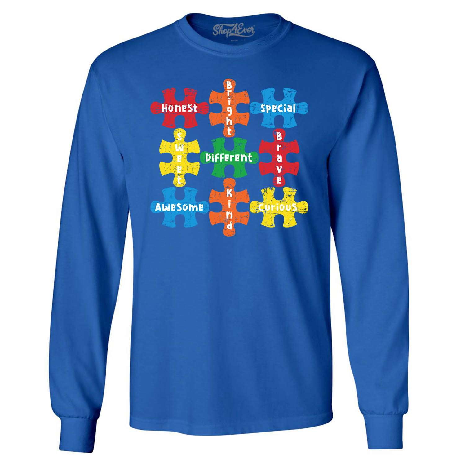 Shop4Ever Men's Autism Awareness Puzzle Pieces with Words Long Sleeve Shirt Small Royal Blue