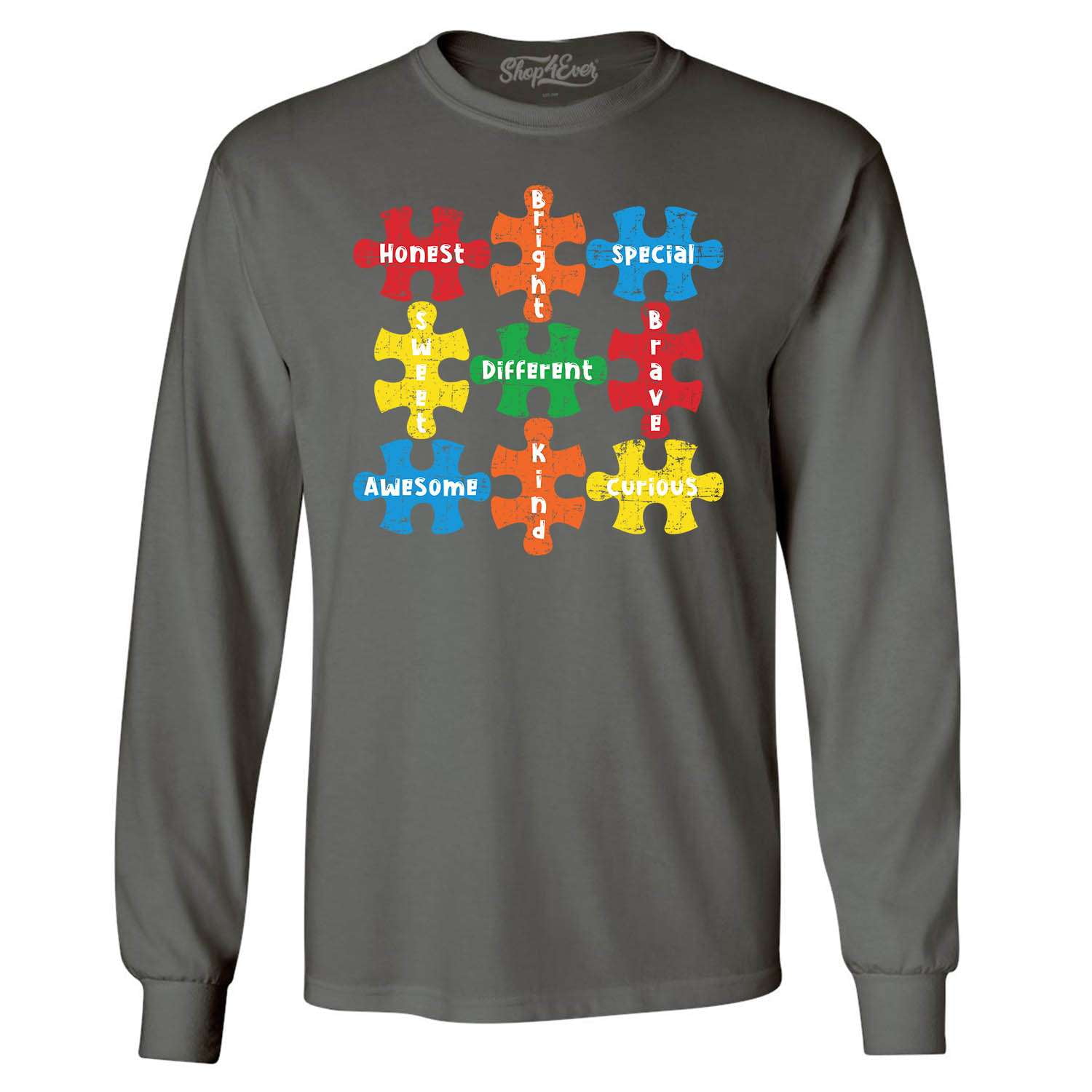 Shop4Ever Men's Autism Awareness Puzzle Pieces with Words Long Sleeve Shirt XX-Large Charcoal