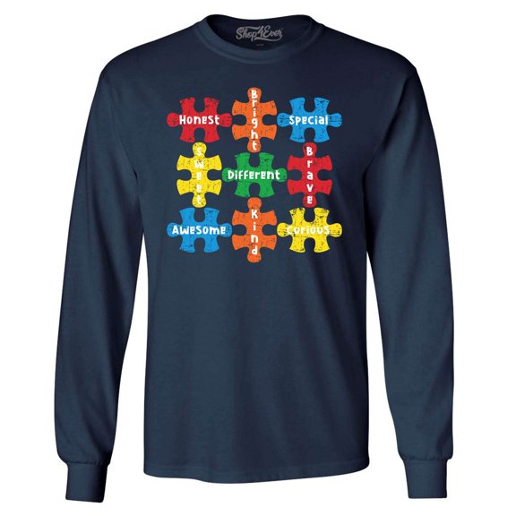 Shop4Ever Men's Autism Awareness Puzzle Pieces with Words Long Sleeve Shirt XX-Large Navy