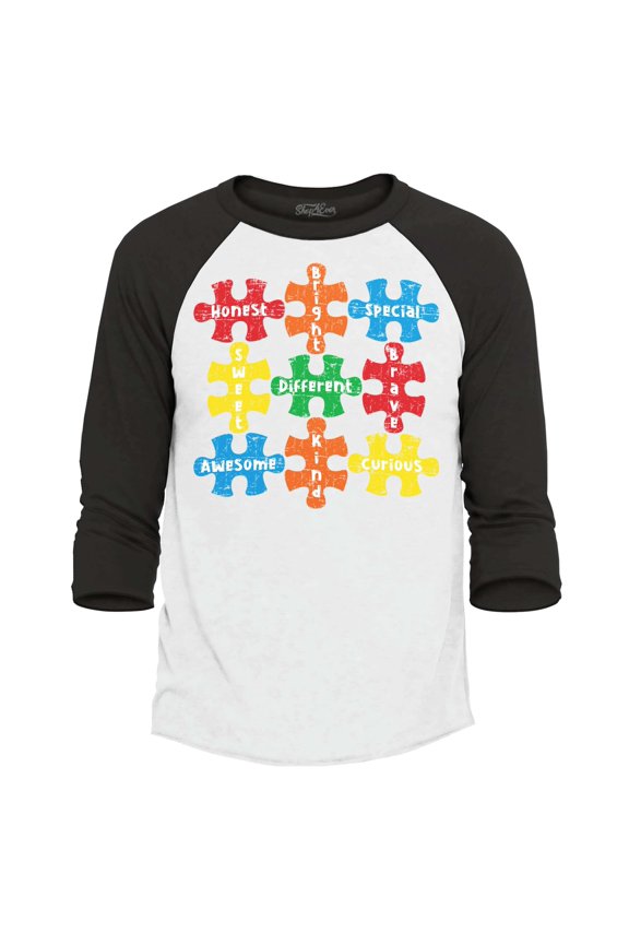 Men's Autism Awareness Puzzle Pieces with Words Raglan Baseball Shirt Medium White/Black
