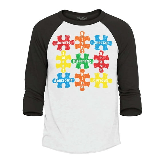 Shop4Ever Men's Autism Awareness Puzzle Pieces with Words Raglan Baseball Shirt XXX-LargeWhite/Black