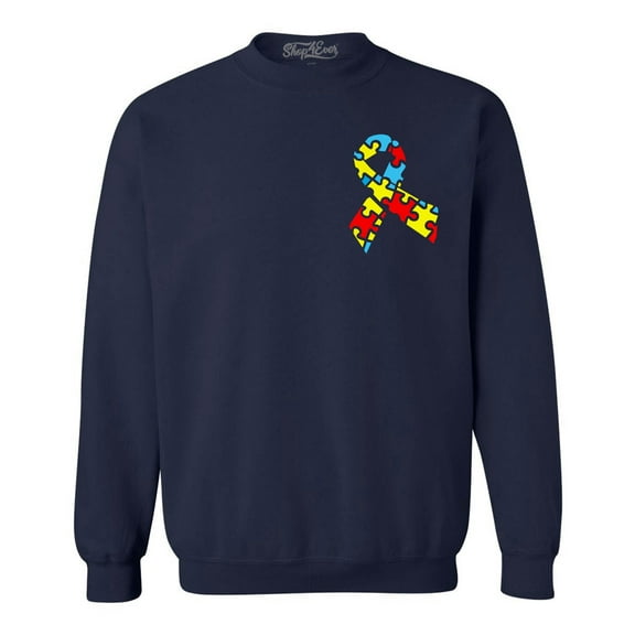 Shop4Ever Men's Autism Awareness Puzzle Ribbon Pocket Size Crewneck Sweatshirt Large Navy