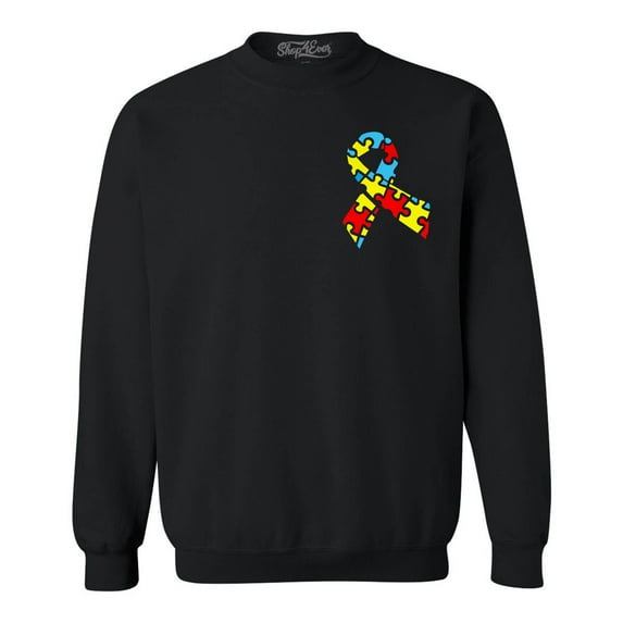 Shop4Ever Men's Autism Awareness Puzzle Ribbon Pocket Size Crewneck Sweatshirt X-Large Black