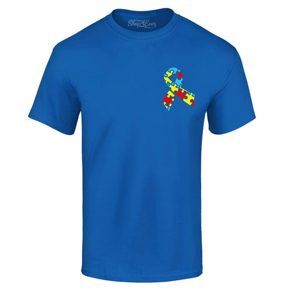 Shop4Ever Men's Autism Awareness Puzzle Ribbon Pocket Size Graphic T-shirt Small Royal Blue