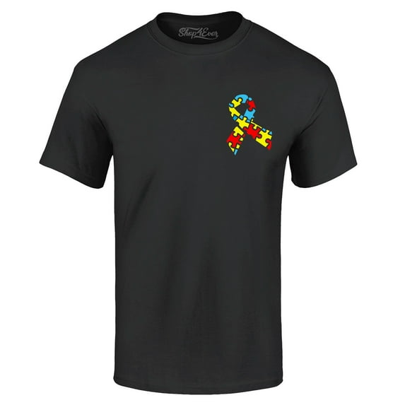 Shop4Ever Men's Autism Awareness Puzzle Ribbon Pocket Size Graphic T-shirt XX-Large Black