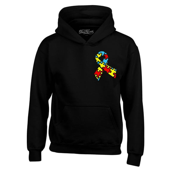 Shop4Ever Men's Autism Awareness Puzzle Ribbon Pocket Size Hooded Sweatshirt Hoodie Large Black