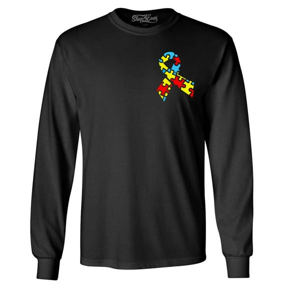 Shop4Ever Men's Autism Awareness Puzzle Ribbon Pocket Size Long Sleeve Shirt 2XL Black