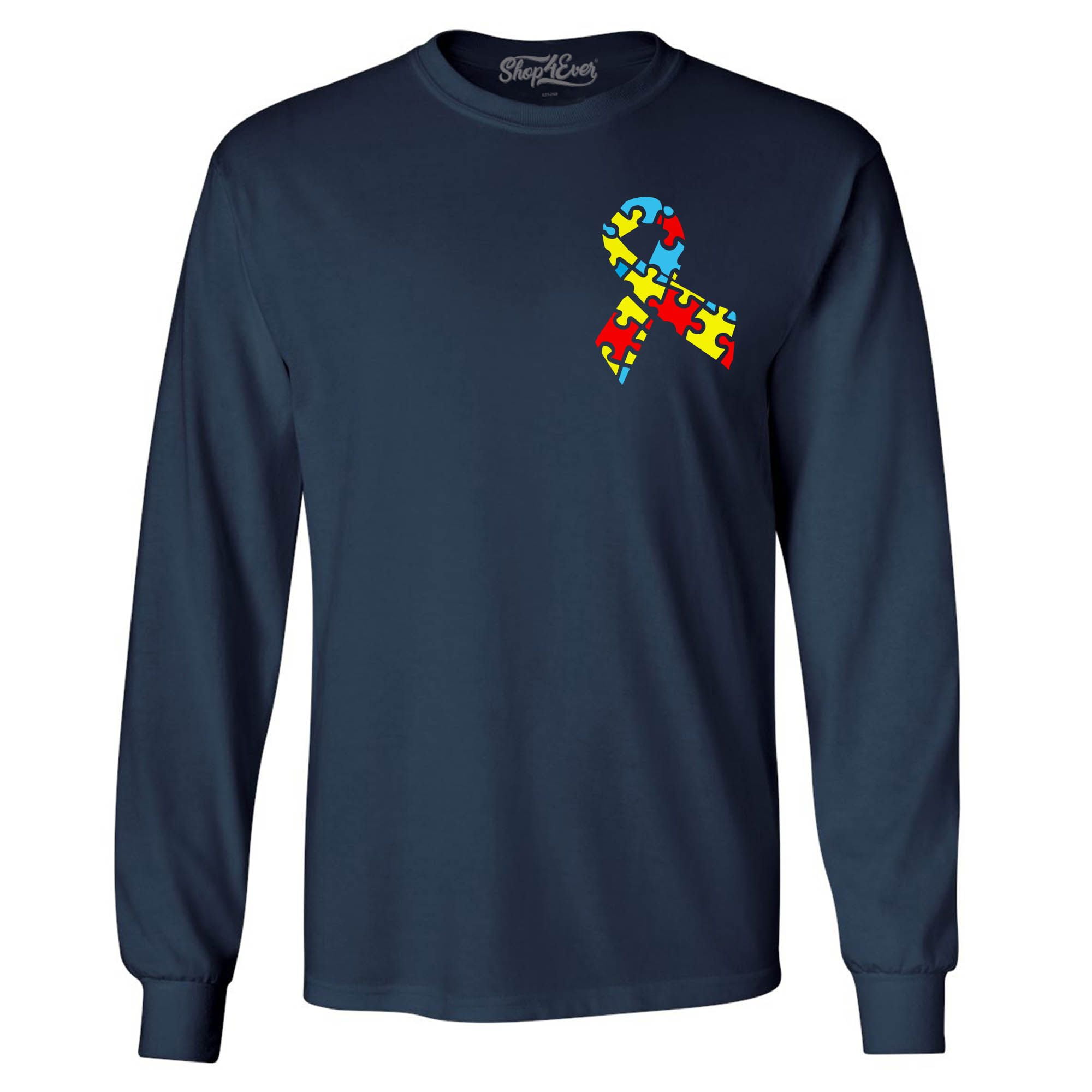 Shop4Ever Men's Autism Awareness Puzzle Ribbon Pocket Size Long Sleeve Shirt Small Navy