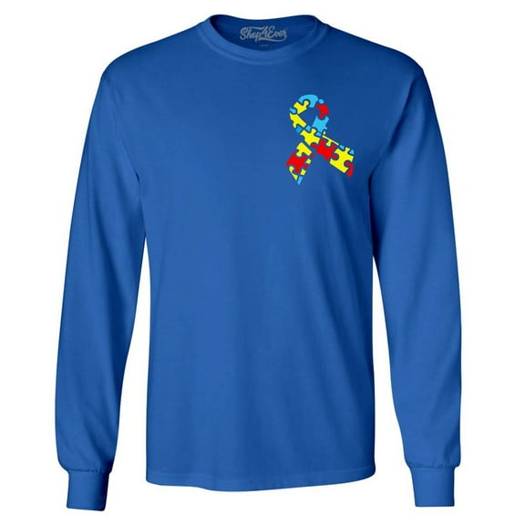 Shop4Ever Men's Autism Awareness Puzzle Ribbon Pocket Size Long Sleeve Shirt XX-Large Royal Blue