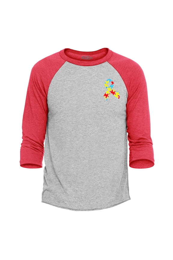 Men's Autism Awareness Puzzle Ribbon Pocket Size Raglan Baseball Shirt Large Heather Grey/Red