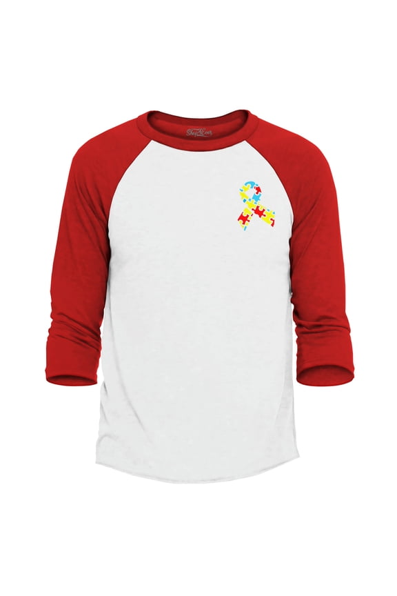 Men's Autism Awareness Puzzle Ribbon Pocket Size Raglan Baseball Shirt Large White/Navy