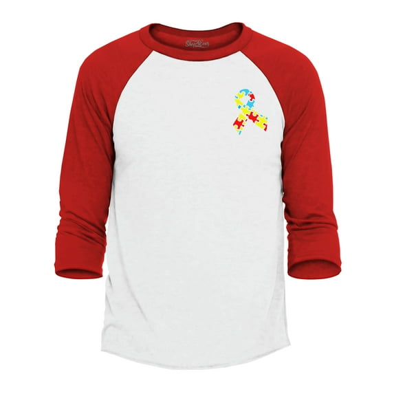 Shop4Ever Men's Autism Awareness Puzzle Ribbon Pocket Size Raglan Baseball Shirt XX-LargeWhite/Navy