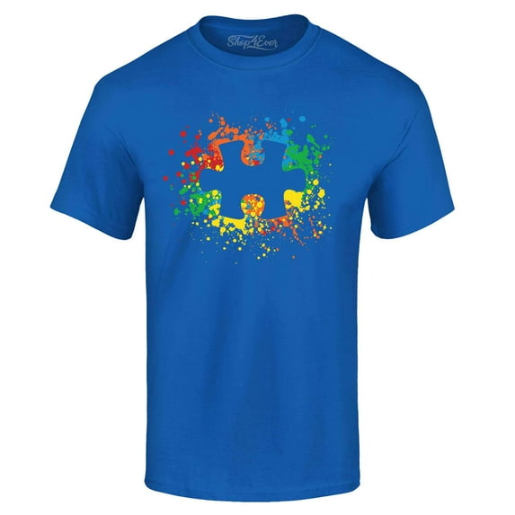 Shop4Ever Men's Autism Awareness Splatter Paint Puzzle Piece Graphic T-shirt XX-Large Royal Blue