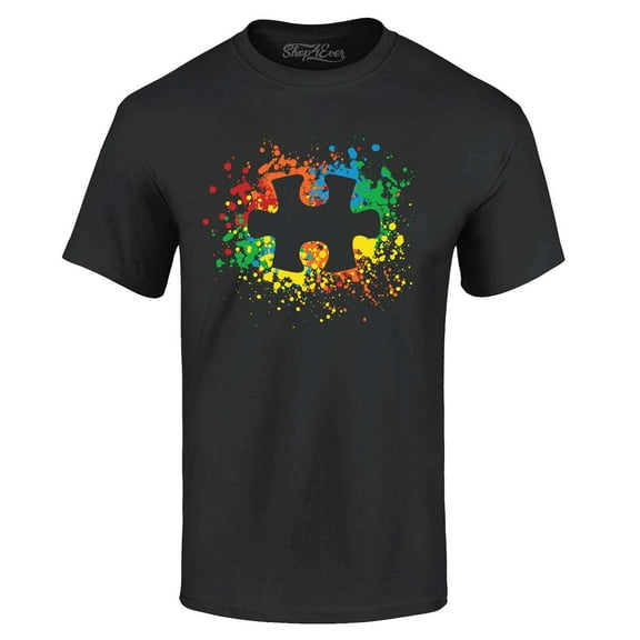 Shop4Ever Men's Autism Awareness Splatter Paint Puzzle Piece Graphic T-shirt XXXXX-Large Black