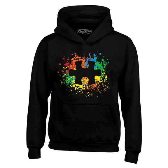 Shop4Ever Men's Autism Awareness Splatter Paint Puzzle Piece Hooded Sweatshirt Hoodie X-Large Black