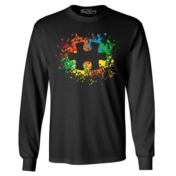 Shop4Ever Men's Autism Awareness Splatter Paint Puzzle Piece Long Sleeve Shirt Large Black